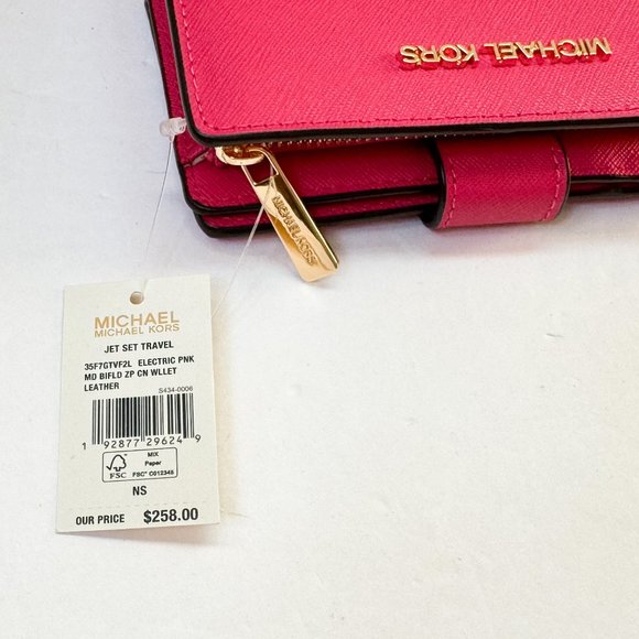 Michael Kors Jet Set Travel Medium Bifold Coin Zipper Wallet Electric Pink - Picture 8 of 11